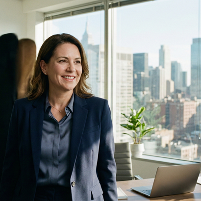 A business owner smiling confidently in an office environment.
