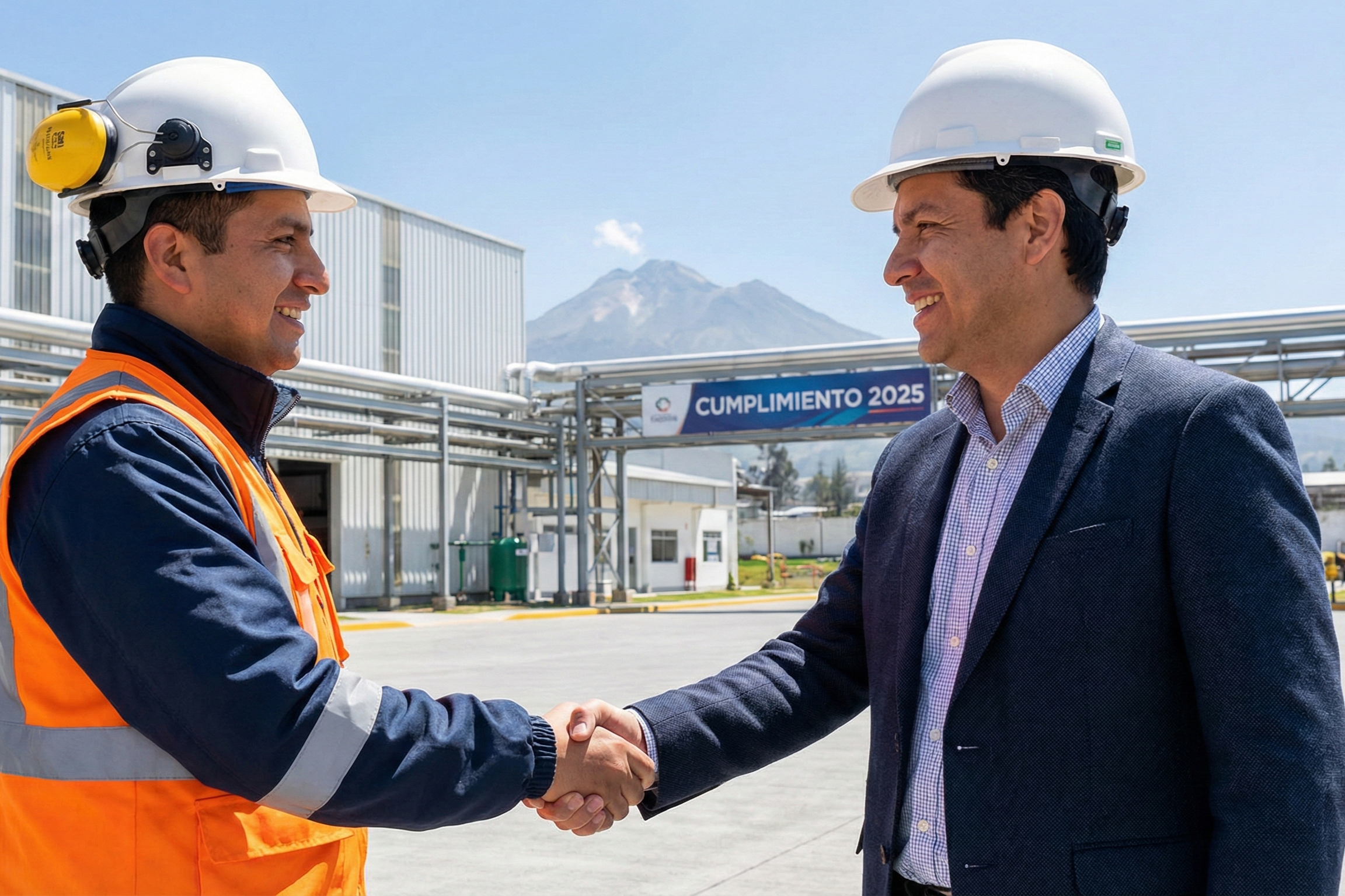 A safety consultant and a business owner shaking hands with satisfaction at a safe, officee site or industrial facility. Blue skies, bright sunlight, success, partnership, safety compliance in Quito Ecuador