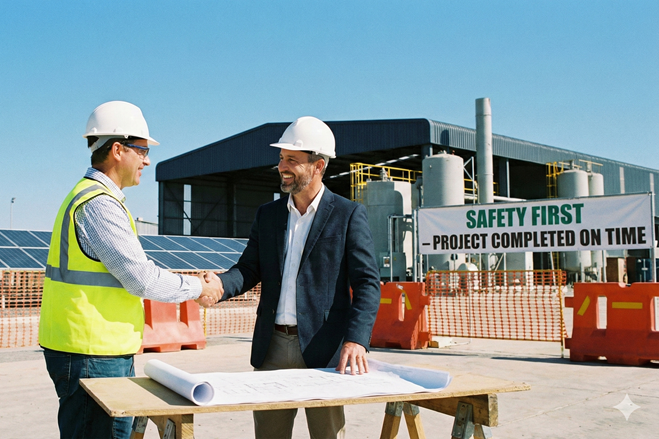 A safety consultant and a business owner shaking hands or looking at blueprints with satisfaction at a safe, completed construction site or industrial facility. Blue skies, bright sunlight, success, partnership, safety compliance.