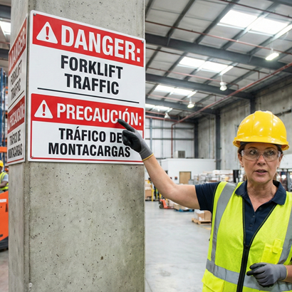 A safety officer pointing at a safety sign in a warehouse.