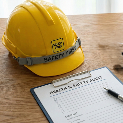Close up layout of occupational health and safety items: a yellow hard hat, a clipboard with a checklist, a stethoscope, and safety glasses, arranged neatly on a wooden desk. Professional and clean look.